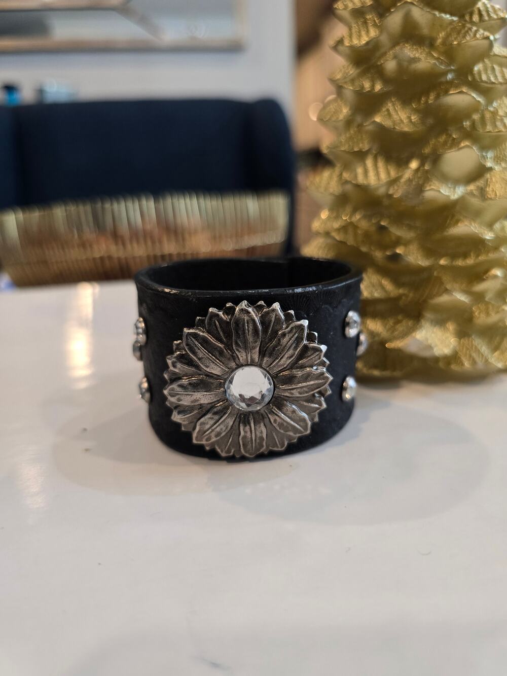 Thick Silver Flower Black Banded Bracelet